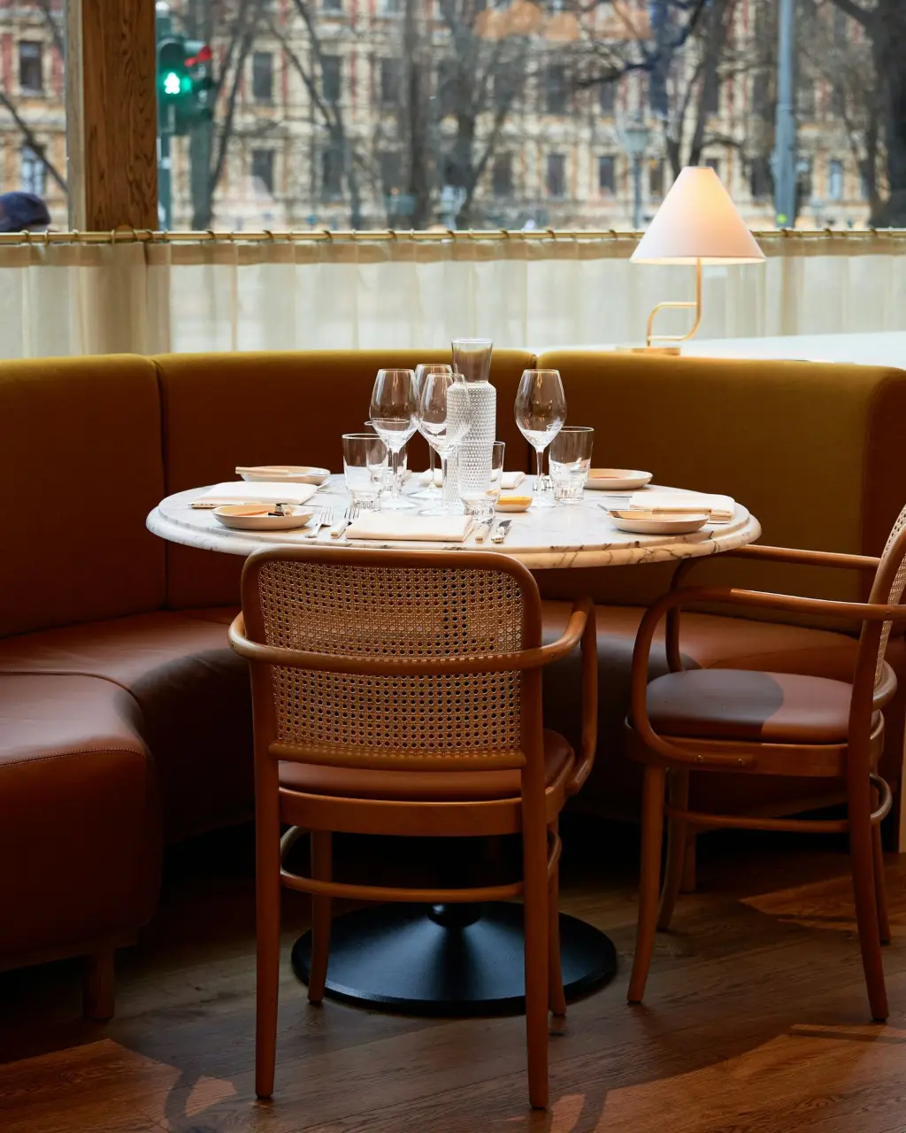 a table with plates and glasses on it
